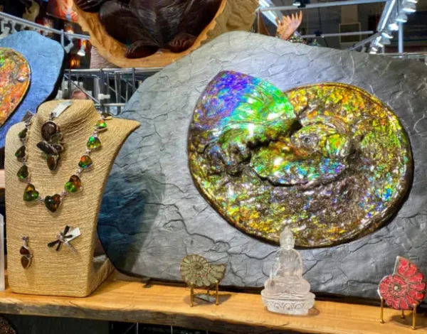 Ammolite, actually a fossilized shell of an ancient ammonite, is one of the exotic materials used to make jewelry on display at the Tucson Gem Show. Photo by Elizabeth R Rose