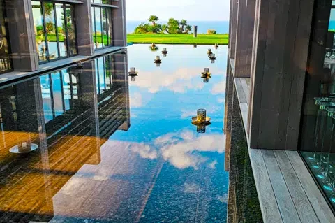 Seaview entrance reflection pool at Adler Spa Resort Sicilia.