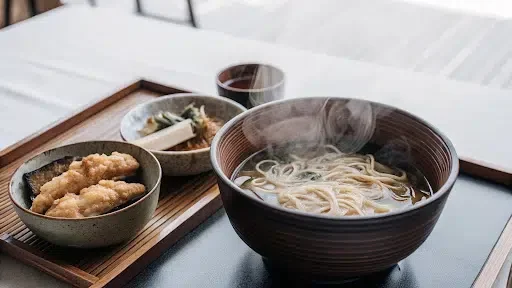 steaming hot bowl of Japanese noodles with tempura sides helps you stay healthy while traveling