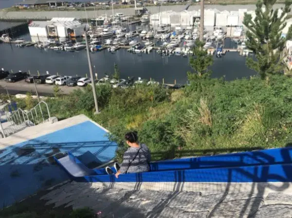 A woman goes down a slide at Tacoma's Dune Park