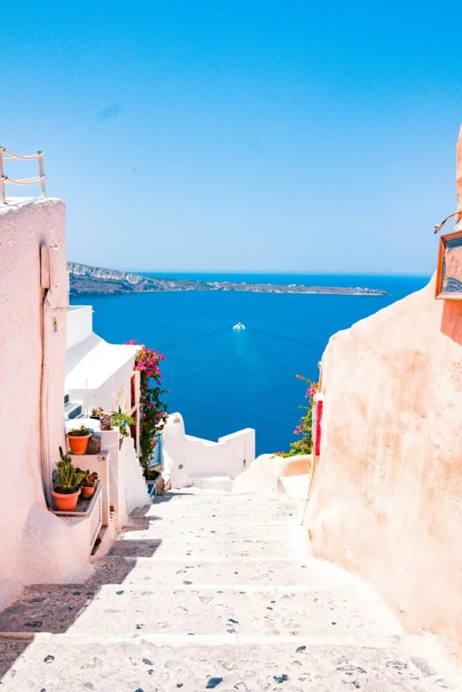 Greece stucco buildings and the blue Mediterranean